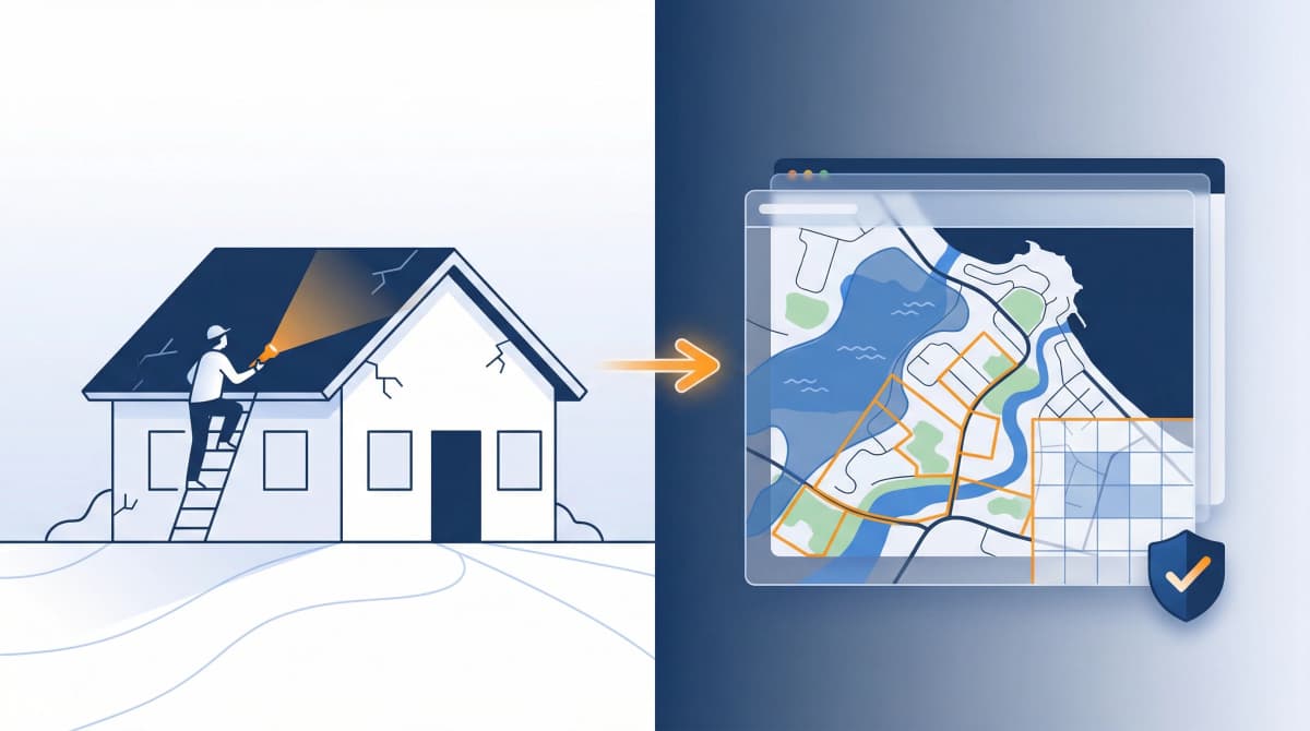Split view of building inspector and digital property report with flood maps