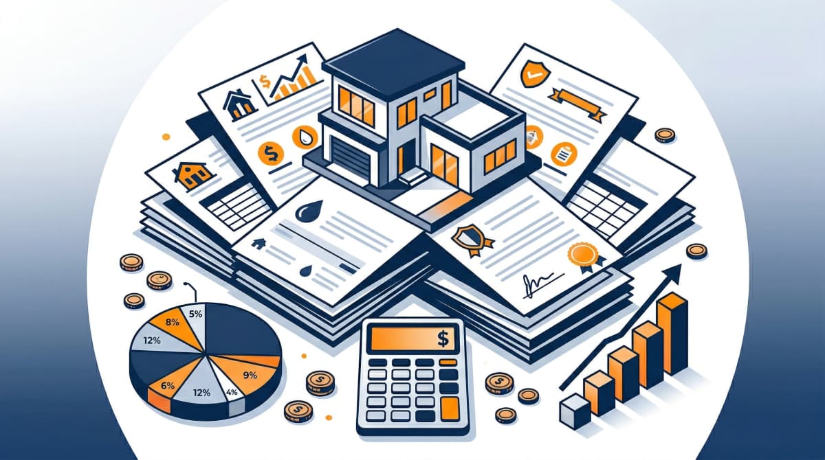 Kitchen table covered in property bills, council rate notices, and insurance documents